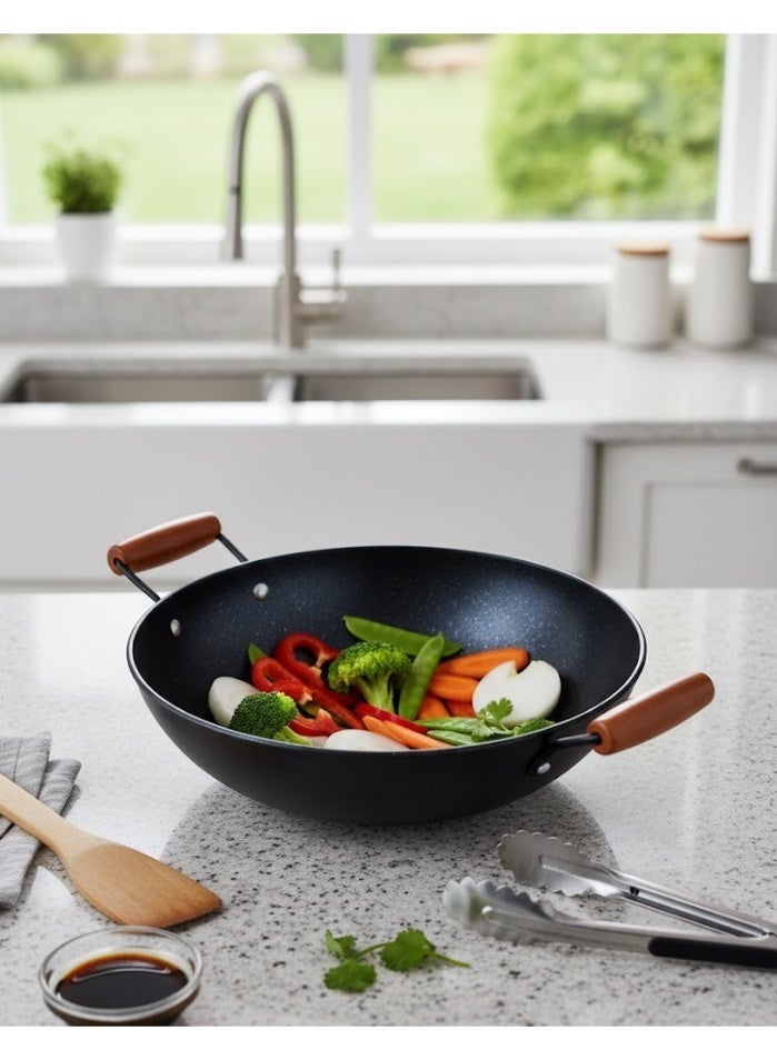 زوبا ووك جرانيت 32 سم للطهي الصحي – سطح غير لاصق عالي الجودة – توزيع حرارة متوازن – مناسب لجميع أنواع المواقد (غاز/كهرباء) – تصميم عملي بمقبضين خشب مقاوم للحرارة - Image 2